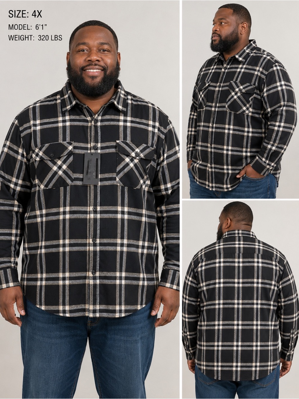 Steve’s Jeans Big‎ & Tall 4X Black Plaid Button Front Shirt NWT